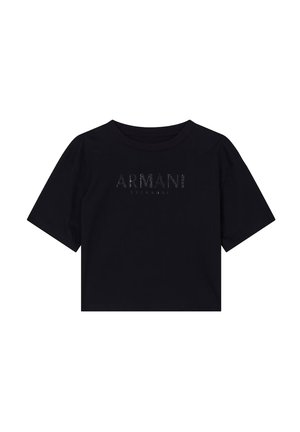T-shirt nera cropped in morbido cotone con maniche corte, con il logo lucido "ARMANI EXCHANGE" al centro.