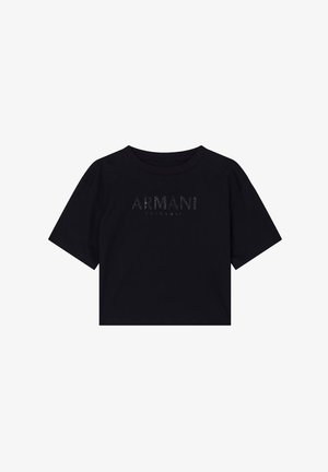 T-shirt nera cropped in morbido cotone con maniche corte, con il logo lucido "ARMANI EXCHANGE" al centro.