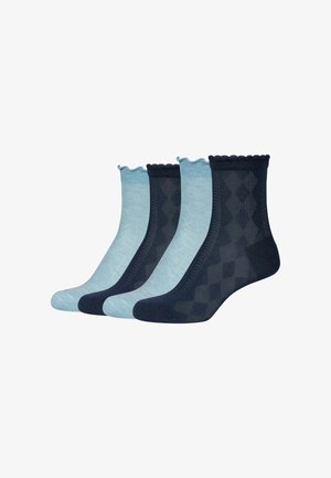 Set aus fünf Knöchelsocken, abwechselnd hellblau und dunkelblau, mit gewellten Bündchen und dezenten Diamantmustern auf den dunkelblauen Paaren.