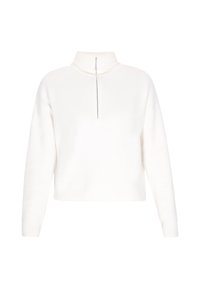 Hvid, letvægts pullover med høj krave, der har en halv lynlås foran. Blød tekstur med ribbede manchetter og kant, afslappet pasform.