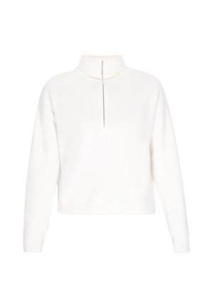 Fehér, könnyű pulóver magas gallérral, félig cipzáras elejével. Puha textúra, bordázott mandzsettákkal és alsó szegéllyel, laza fazon.