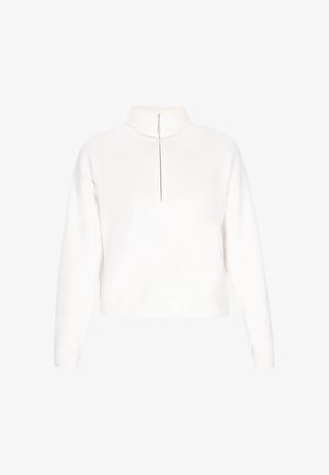 Balta, lengva megzta palaidinė su aukštu apykakliu, su pusiau užtrauktuku priekyje. Minkšta tekstūra, su raukiniais ant rankogalių ir apačios, laisva estetika.