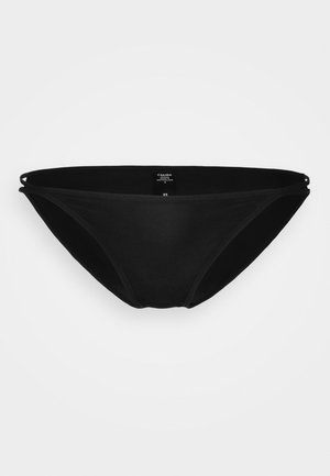 Zwarte bikini-bodem met een zachte, gladde textuur. Heeft een low-rise ontwerp, smalle zijkanten en een minimalistische stijl.