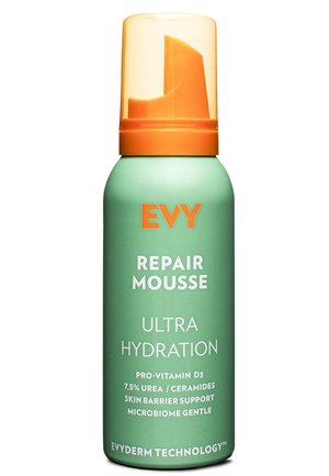 Grüne zylindrische Flasche mit orangem Pumpenkappen, beschriftet mit "Evy Repair Mousse Ultra Hydration", enthält Details zu Inhaltsstoffen und Technologie.