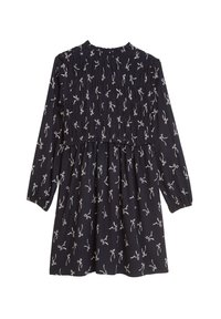 Langermige jurk van donkerblauwe stof met een witte strikprint, met een geraffineerde taille en een ruches halslijn, die zorgt voor een luchtige uitstraling.