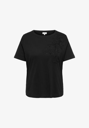 Black short-sleeve T-shirt with round neckline and floral embroidered detail with beads on the upper left side.
