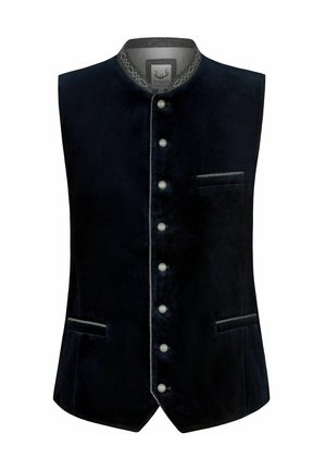 Navy velvet waistcoat featuring a mandarin collar, front buttons, and two side pockets with contrasting trim along the edge.