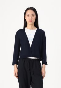 Navy knit cardigan with a V-neck and three-quarter sleeves, featuring a relaxed fit and subtle ribbed texture, layered over a white T-shirt.