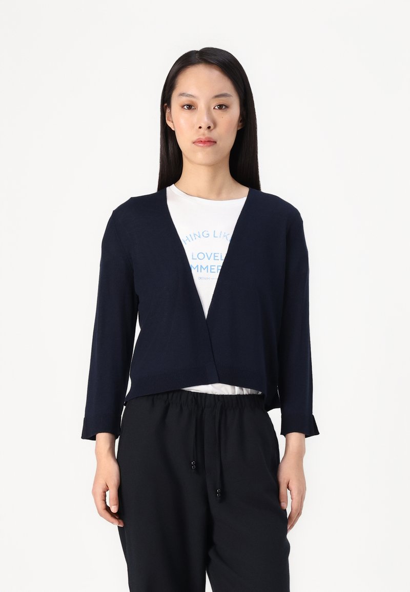 Navy knit cardigan with a V-neck and three-quarter sleeves, featuring a relaxed fit and subtle ribbed texture, layered over a white T-shirt.