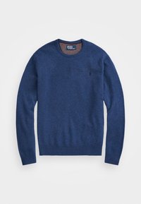Pull à manches longues pour hommes, col rond, bleu marine, confectionné en tissu doux avec un petit logo brodé sur la poitrine.