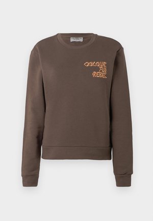 Brauner Pullover mit Rundhalsausschnitt und gerippten Bündchen. Auf der Vorderseite befindet sich orangefarbener, gestickter Text mit der Aufschrift "COLOURFUL REBEL". Weicher Stoff.