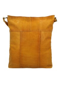 Borsa a spalla in pelle color cuoio con tracolla regolabile e cuciture visibili, presentata su uno sfondo bianco.