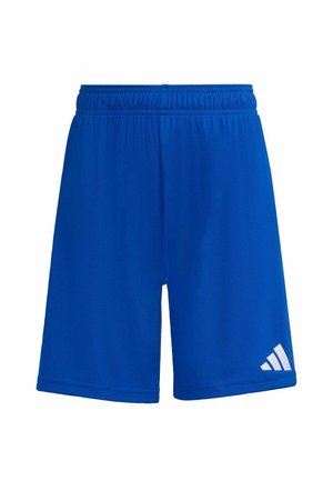 Niebieskie krótkie spodenki sportowe z elastycznym pasem i białym logo Adidas na lewej dolnej nogawce, przedstawione na białym tle.