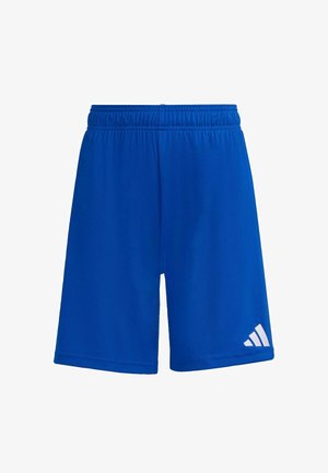 Modré športové šortky s elastickým pásom a bielym logom Adidas na spodnej ľavej nohe, zobrazené na bielom pozadí.