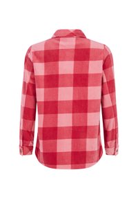 Camicia a quadri rossa e rosa realizzata in tessuto morbido, con maniche lunghe, polsini con bottoni e colletto. La vista posteriore mostra un distintivo motivo a scacchi.