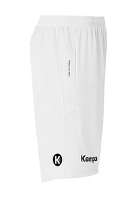 White athletic shorts made of lightweight material, featuring a textured waistband, side panel accents, and printed black logos on the front.