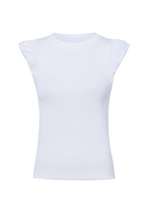 Biały bezrękawnik prążkowany z delikatnymi marszczeniami na ramionach i okrągłym dekoltem, przedstawiony na jednolitym tle.