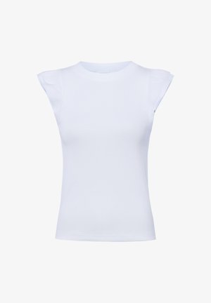 White sleeveless ribbed top with slight shoulder gathers and a round neckline, displayed on a plain background.