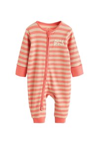 Dziecięcy kombinezon na długi rękaw w paski koralowe i beżowe, z zamkiem z przodu oraz napisem „Home grown” na piersi.