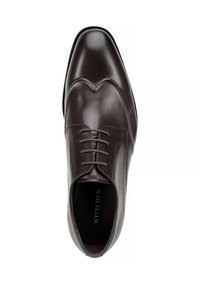 Hnědé kožené společenské boty s kulatou špičkou, elegantním designem, šněrováním a hladkým povrchem s jemnými detaily šití.