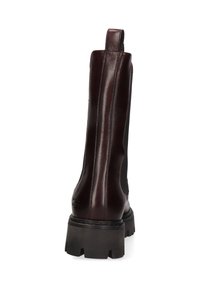 Stivale alla caviglia in pelle bordeaux con asta alta, pannelli laterali elasticizzati e suola in gomma nera spessa. Presenta un'etichetta per una facile calzata.