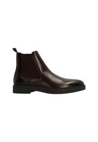 Braune Leder Chelsea Stiefel mit elastischen seitlichen Einsätzen, einem Zugtab und einer schwarzen Gummisohle. Glatte Oberfläche mit einem eleganten Design.