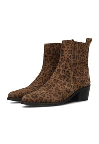 Bottines à imprimé léopard en daim doux. Caractéristiques : un talon bas, un bout pointu et des panneaux latéraux élastiques pour un enfilage facile.