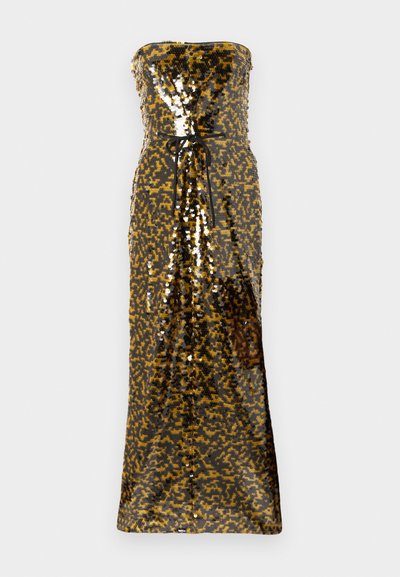 Strapless floor-length dress with black and gold sequin pattern, featuring a black drawstring tied at the waist.