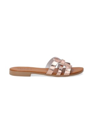 Rose gold metallic slide sandal with two strap design. Flat sole with a brown base and slight sheen. Open toe, casual style.