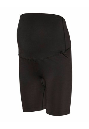 Shorts de maternité noirs taille haute en tissu extensible avec détails de coutures visibles sur fond blanc.