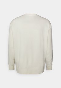 Felpa color crema con vestibilità rilassata, collo e polsini a costine, caratterizzata da una texture liscia e senza logo o motivi visibili sul retro.