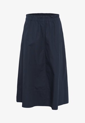 Marineblauer Midi-Rock mit elastischem Bund, aus leichtem Stoff gefertigt. Merkmale ein klares Design und eine leicht ausgestellte Form.