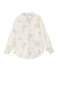 Λευκό πουκάμισο με μακριά μανίκια και κουμπιά, με πολύχρωμα σχέδια θεματικά καουμπόι, συμπεριλαμβανομένων μπότες, κάκτους, πετάλια και αστέρια.