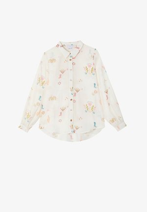 Λευκό πουκάμισο με μακριά μανίκια και κουμπιά, με πολύχρωμα σχέδια θεματικά καουμπόι, συμπεριλαμβανομένων μπότες, κάκτους, πετάλια και αστέρια.