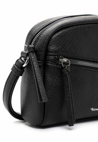 Black leather crossbody bag with a textured finish, top zipper closure, side tassel details, and silver-tone hardware accents.