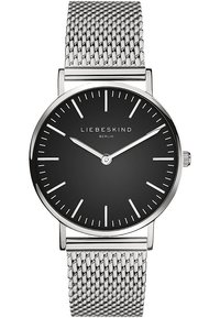 Runder silberner Uhr mit einem schwarzen Zifferblatt, silbernem Mesh-Armband und minimalistischen Stundenmarkierungen. Der Markenname "LIEBESKIND" erscheint unter der 12-Uhr-Markierung.