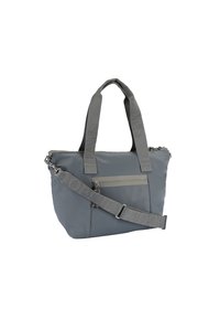 Borsa a spalla grigia in nylon liscio con doppi manici, una tracolla regolabile, tasca con zip anteriore e tracolla con logo.