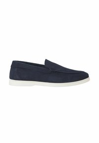 Mocasini din piele întoarsă bleumarin cu talpă albă de cauciuc, design slip-on și cusături în stil mocasin pe partea superioară.