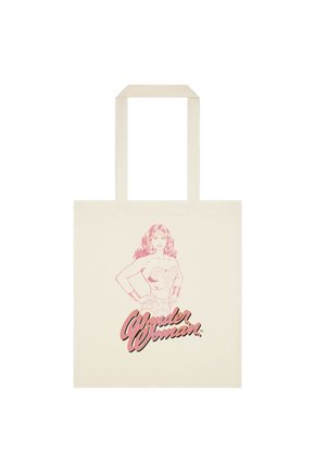 Borsa tote beige con schizzo rosa di Wonder Woman in piedi con le mani sui fianchi e scritta "Wonder Woman" sotto.