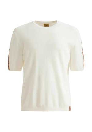 Maglietta a maniche corte in maglia color crema con collo rotondo. Tessuto testurizzato, con dettagli a motivo marrone sulle maniche. Piccola etichetta del brand all'orlo.