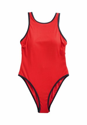 Costume da bagno intero rosso a coste con scollo tondo, rifiniture nere a contrasto lungo i bordi e un design elegante e aderente.
