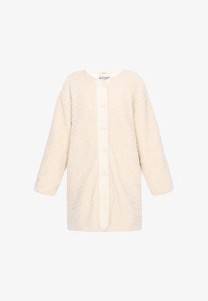 Kremowy, puszysty polarowy kurtka z długimi rękawami, okrągłym dekoltem i zapięciem na guziki z pięcioma pasującymi guzikami.