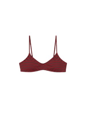 Czerwono-czarny biustonosz bralette w poziome paski z cienkimi, regulowanymi ramiączkami i prostym, dopasowanym krojem.