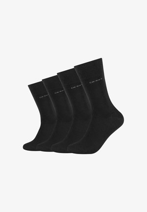 Calzini di cotone neri, quattro paia, lunghezza al polpaccio, texture liscia, punta e tallone rinforzati, logo stampato vicino al bordo.