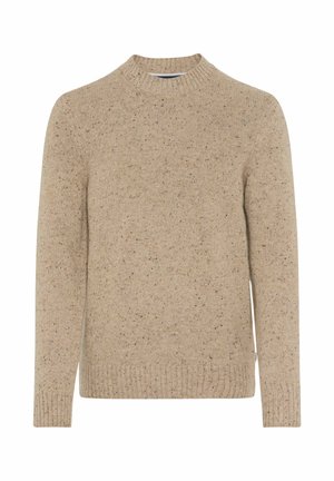 Beige gebreide trui met een hoge halslijn, lange mouwen en geribde manchetten. Heeft een gemêleerd patroon met vlekken in donkere kleuren.