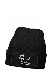 Black knit beanie featuring a folded cuff and a prominent white outline of a dog on a rectangular black patch. Soft texture, ribbed design.