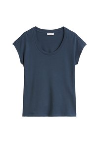 Mörkblå t-shirt med korta ärmar och vid rundad halsringning. Tillverkad av mjuk bomull, med en avslappnad passform och ren sömnad längs kanterna.