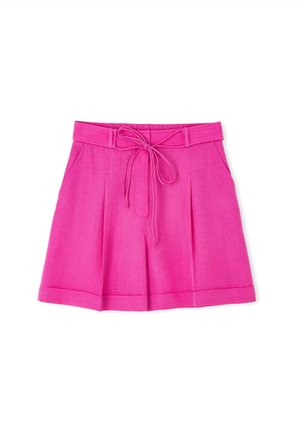 Pink shorts made of lightweight fabric with a tied waistband, featuring pleats and two side pockets. Smooth texture, casual design.