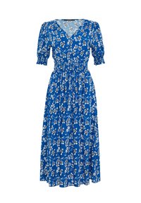 Vestido azul con estampado floral, mangas abullonadas cortas, escote en V, cinturilla elástica y una falda fluida con patrones florales en blanco.