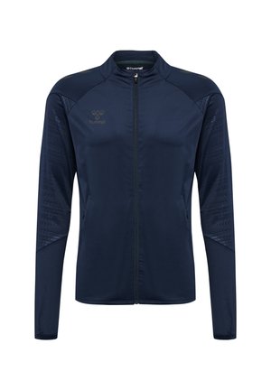 Veste de sport marine avec fermeture éclair à l'avant, manches longues et accents texturés aux épaules. Présente un logo sur la poitrine et un design ajusté.
